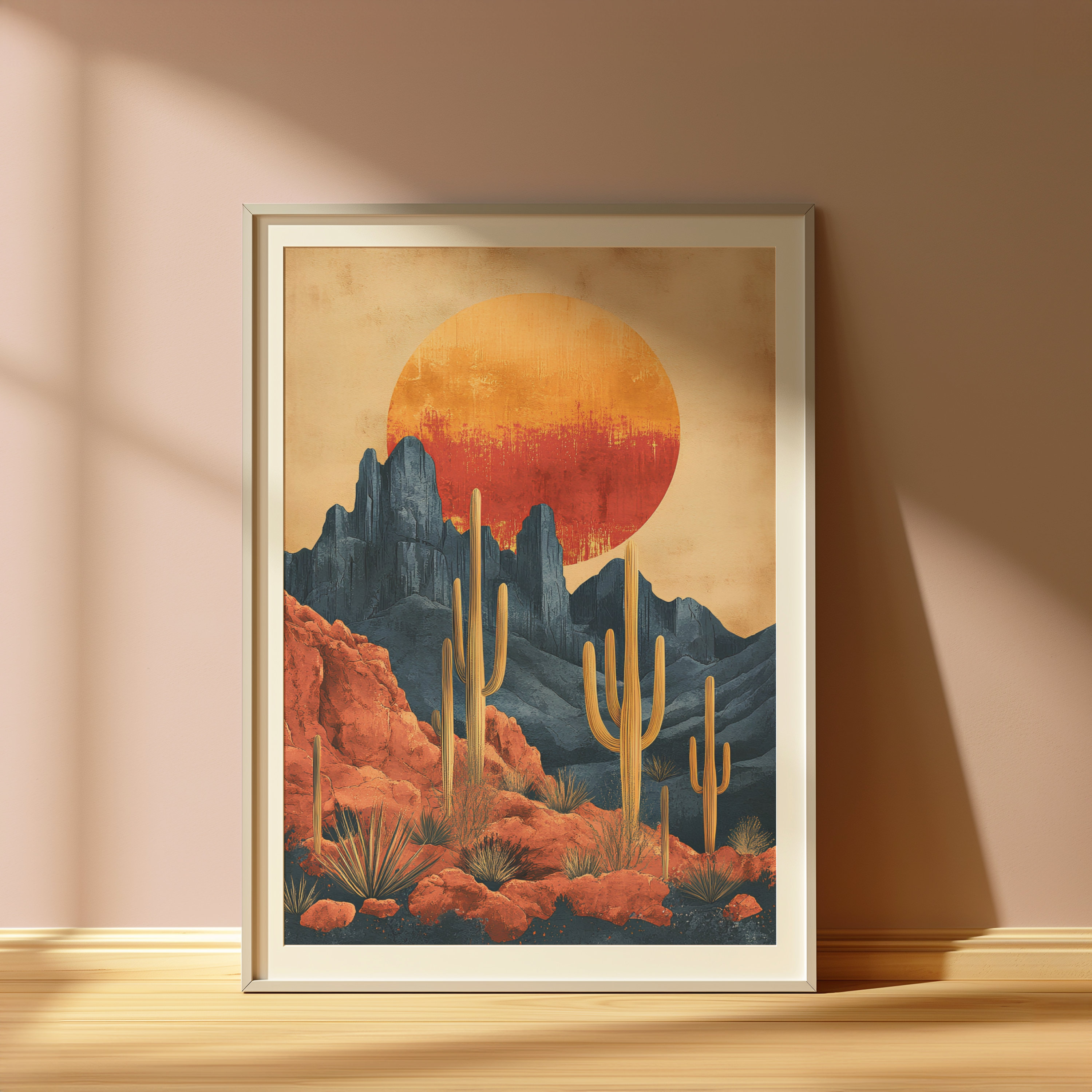 Retro Cactus Poster, Vintage Western Desert Landscape Art Digital Print ...