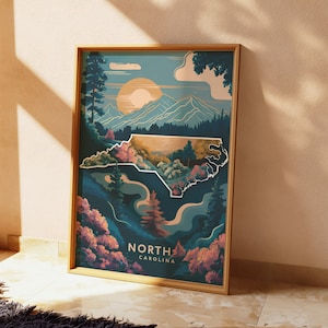 Retro kaart van Noord-Carolina kunst aan de muur, vintage afdrukbare poster berglandschap, digitale midcentury moderne print, Matisse van Gogh kunststijl