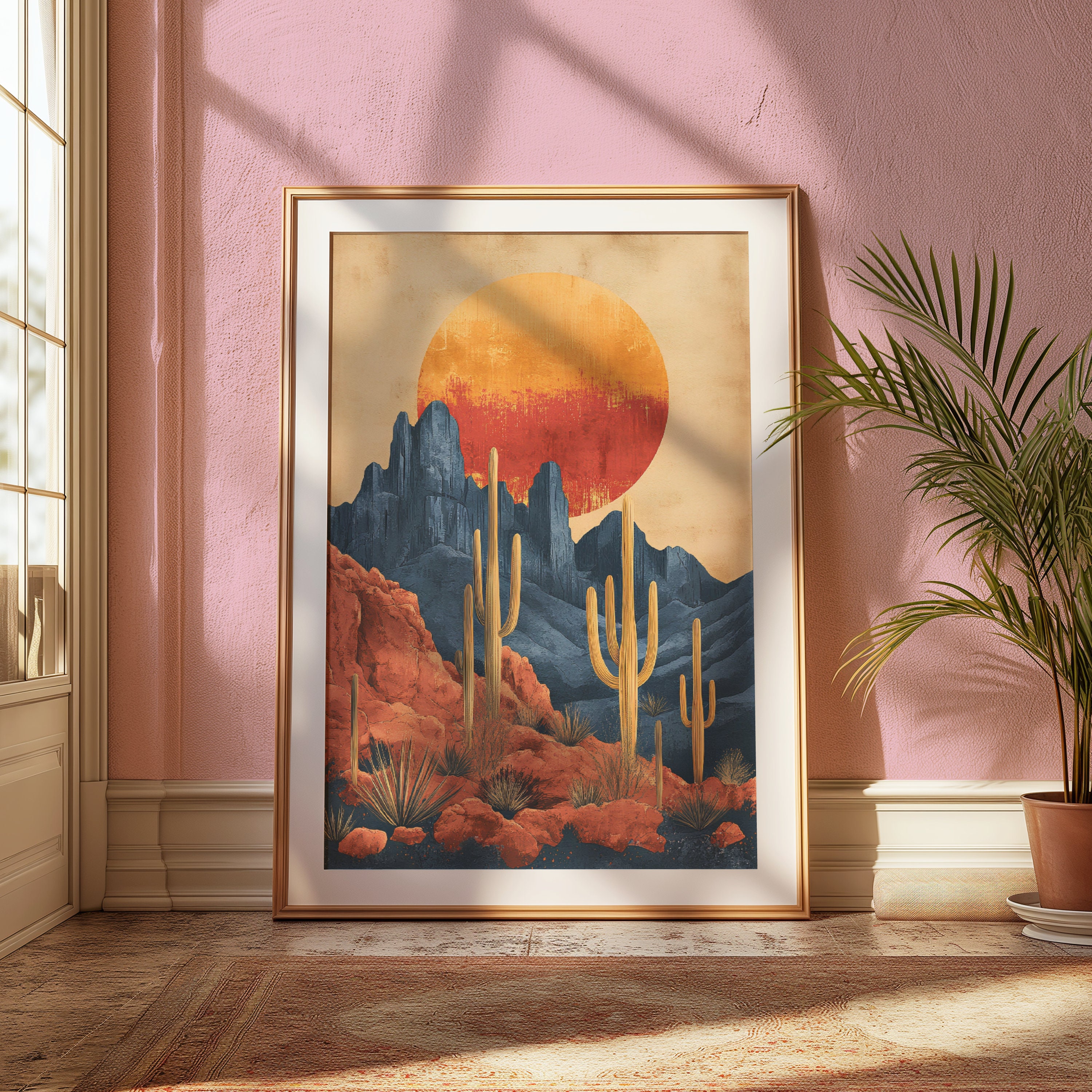 Retro Cactus Poster, Vintage Western Desert Landscape Art Digital Print ...
