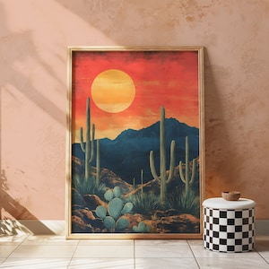 Retro Kaktus Poster, Vintage Western Wüstenlandschaft Kunst Digitaldruck, druckbare Landschaftsbild im Südwesten der USA, einzigartige Wüstenwanddekoration