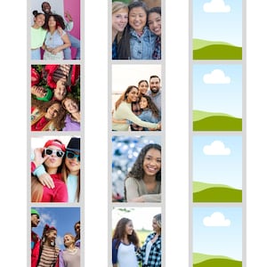 May include: A collage of photos featuring diverse groups of friends smiling and laughing together. The photos are arranged in a vertical strip, with a blue sky and green hills background.