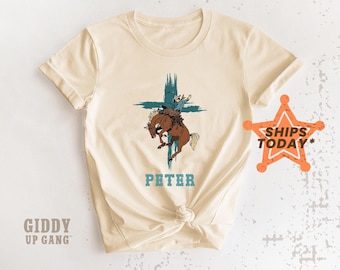 Easter Cross with Cowboy Shirt, Personalized Easter T-Shirt, Religious Western Graphic Tee ( GB2441 )