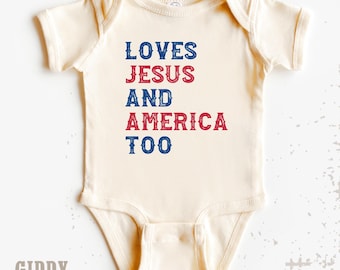 Patriotic Religious Shirt for Kids, Loves Jesus and America Too Onesies® Brand, Christian 4th of July Toddler Graphic Tee