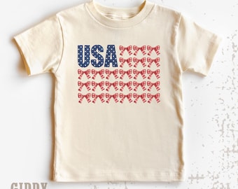 Coquette Bows USA Flag T-Shirt, Cute July 4th Shirts for Girls, Patriotic American Flag Toddler Girl Graphic Tee