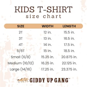 May include: Kids T-Shirt size chart with measurements in inches for sizes 2T, 3T, 4T, 5/6T, Small (6/8), Medium (10/12), and Large (14/16).
