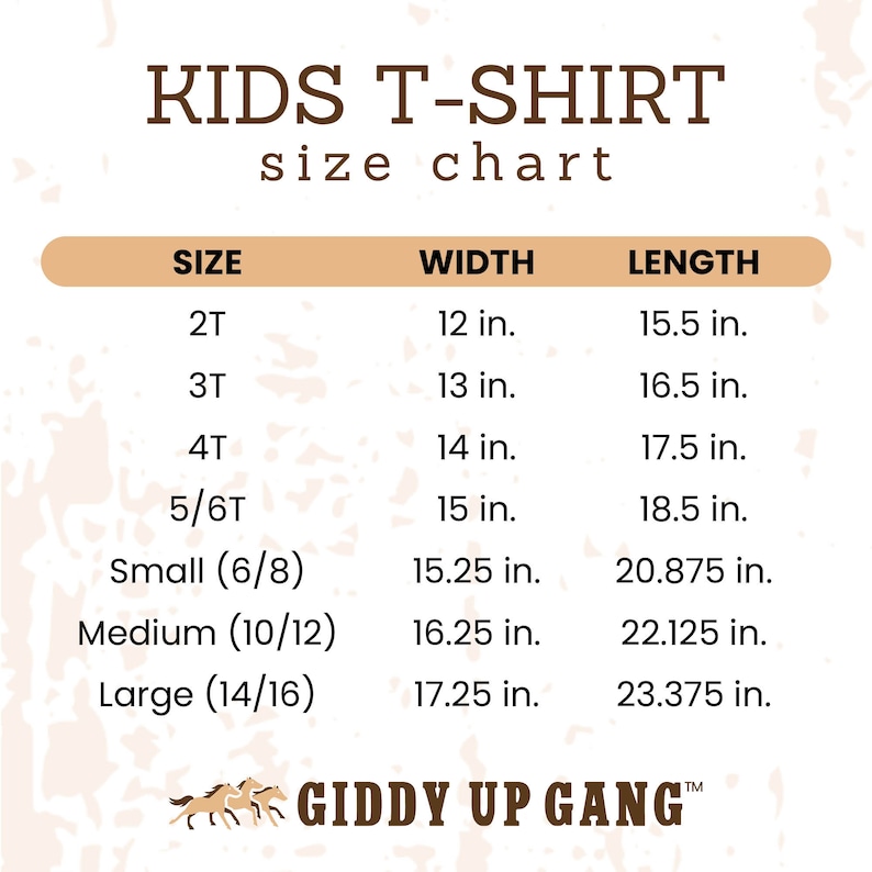 May include: Kids T-Shirt size chart with measurements in inches for sizes 2T, 3T, 4T, 5/6T, Small (6/8), Medium (10/12), and Large (14/16).