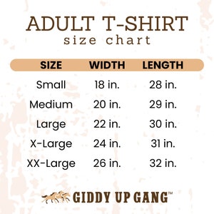 May include: Adult T-shirt size chart with measurements in inches. The chart shows the width and length of the shirt in inches for sizes small, medium, large, X-Large, and XX-Large. The chart is on a background with a brown and white pattern.