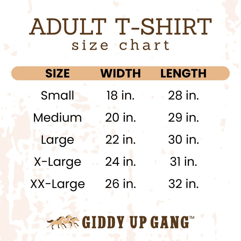 May include: Adult T-shirt size chart with measurements in inches. The chart shows the width and length of the shirt in inches for sizes small, medium, large, X-Large, and XX-Large. The chart is on a background with a brown and white pattern.