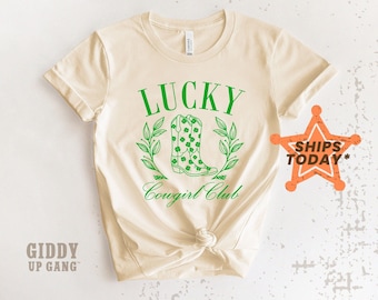 Lucky Cowgirl Club with Boots Shirt, Country Western Themed St Patricks Day Shirt, Shamrock Graphic Tee