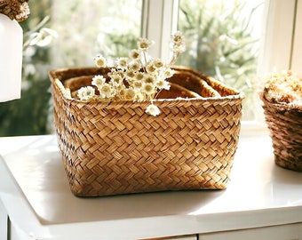 Small Handmade Storage Containers | Bathroom Boxes | Fruit Basket | Rectangle Basket | Wicker Seagrass Basket | Gifts For Mum | Farmhouse |