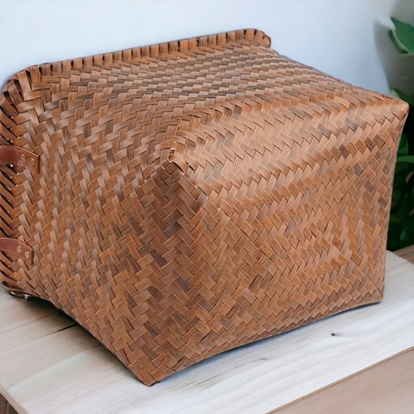 Handmade Rectangle Vine Storage Basket | Laundry Basket | Large Woven Storage Box | Portable Picnic Basket | Leather Handle Storage Baskets