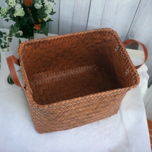 Handmade Rectangle Vine Storage Basket | Laundry Basket | Large Woven Storage Box | Portable Picnic Basket | Leather Handle Storage Baskets