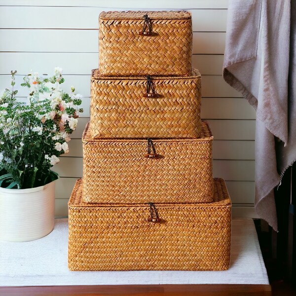 Handmade Seagrass Storage Basket | Large Rectangular Handwoven Storage | Rustic Woven Wicker Basket | Bathroom and Kitchen Sundries Basket