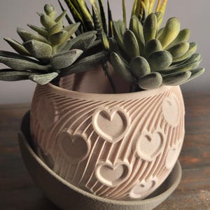 May include: A decorative planter with a heart-shaped design, holding a variety of succulents. The planter is light pink and sits on a matching saucer. The succulents have green, yellow, and red hues.