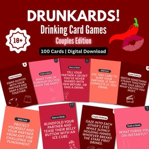 Könnte beinhalten: Kartenspiel "DRUNKARDS!" für Paare, mit Herausforderungen und Mutproben. Die Karten sind in Rot- und Rosatönen gehalten, mit Sätzen wie "Wahrheit oder Trinken" und "Wage oder Trinken". Das Spiel enthält 100 Karten und ist ein digitaler Download.