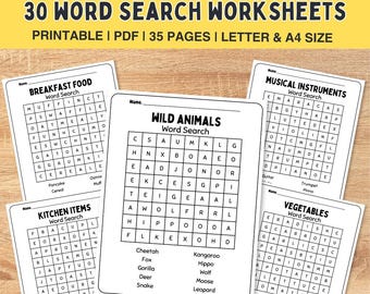 May include: A set of 30 printable word search worksheets for kids. The worksheets feature different themes, including breakfast food, wild animals, musical instruments, kitchen items, and vegetables. Each worksheet has a grid of letters with words hidden within. The words are listed below the grid.