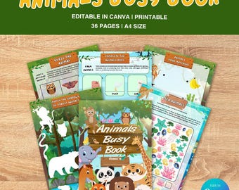 Libro de actividades con animales para niños pequeños / Plantilla editable de Canva para libros de actividades con temática de animales / Material para hojas de trabajo de educación en casa para preescolares, libro tranquilo