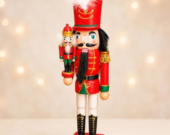 Wooden Nutcracker Soldier, 12 Inch Red Christmas Figurine Holding Mini Nutcracker