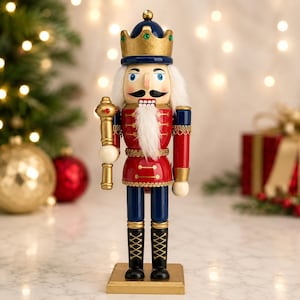 Nutcracker King Soldier, Wooden Christmas Figurine with Crown and Scepter