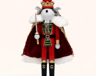 Mouse King Nutcracker, 12 Inch Wooden Christmas Figurine with Crown, Cape and Sword