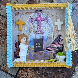 Praying Boy Shadow Box - diorama - assemblage art - mixed media - baptism - first communion - church - religious - wall art