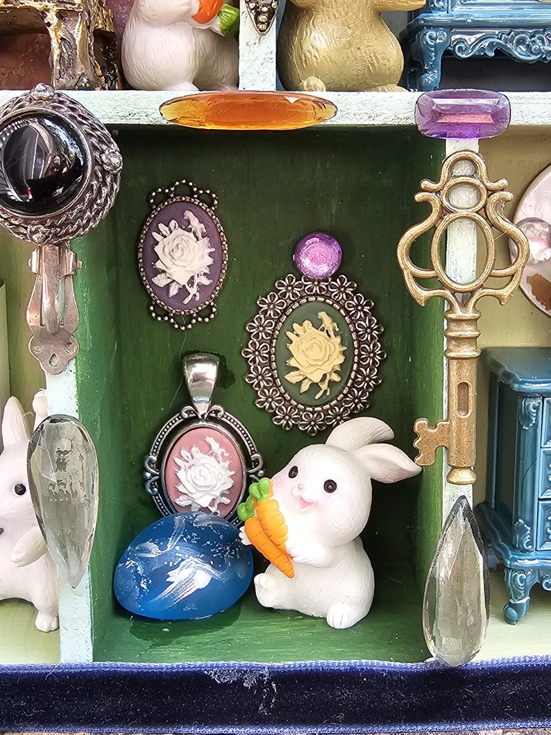 Rebellious Rabbits Diorama: Upcycled Jewelry Shadow Box, Whimsical Wall ...
