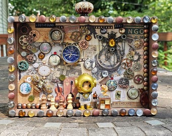 Steampunk Adventures Diorama - mixed media shadow box-gears - industrial theme art