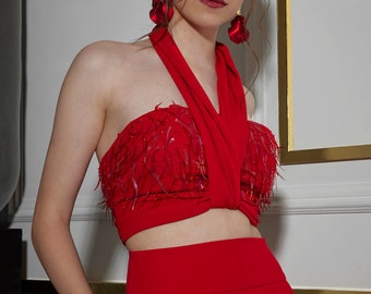 Epione Top | Party Top | Couture Halter Neck Top | Luxury Crop Top | Red Carpet Top | Ocassion Top London | Red Sequined Top