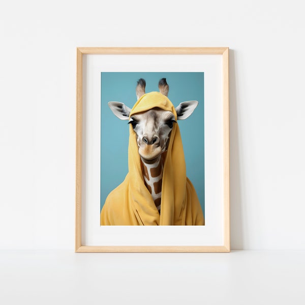 Giraffe in Bathrobe | aesthetic bathroom decor | funny bathroom wall art| digital print