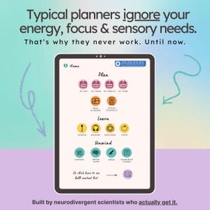 May include: A tablet screen displaying a digital planner interface. The planner is divided into sections for planning, learning, and unwinding, with icons representing different activities. The text at the top says, "Typical planners ignore your energy, focus & sensory needs."