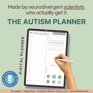 Può includere: Un pianificatore digitale intitolato "THE AUTISM PLANNER" con il testo "Made by neurodivergent scientists who actually get it." Il pianificatore è visualizzato su un tablet con uno stilo bianco. Il pianificatore include sezioni per la pianificazione energetica quotidiana.