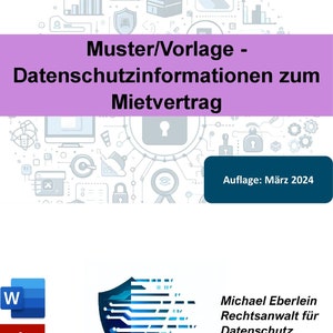 May include: A blue and white document with the text "Muster/Vorlage - Datenschutzinformationen zum Mietvertrag" and "Auflage: März 2024". The document is surrounded by a pattern of computer icons, including a lock, a key, and a computer screen.