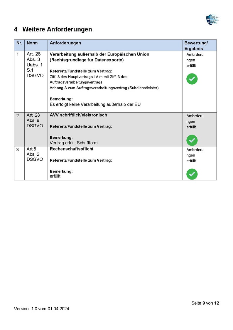 May include: A table with a list of requirements and their evaluation results. The table includes columns for the requirement number, norm, description, and evaluation result. The evaluation results are marked with a green checkmark.