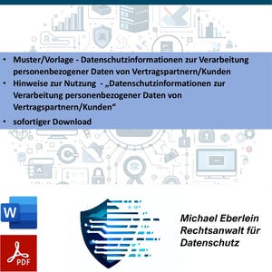 May include: A document titled "Inhalt des Pakets" with a blue and white design. The document includes a list of items, a shield graphic, and the text "Michael Eberlein Rechtsanwalt f&uuml;r Datenschutz".