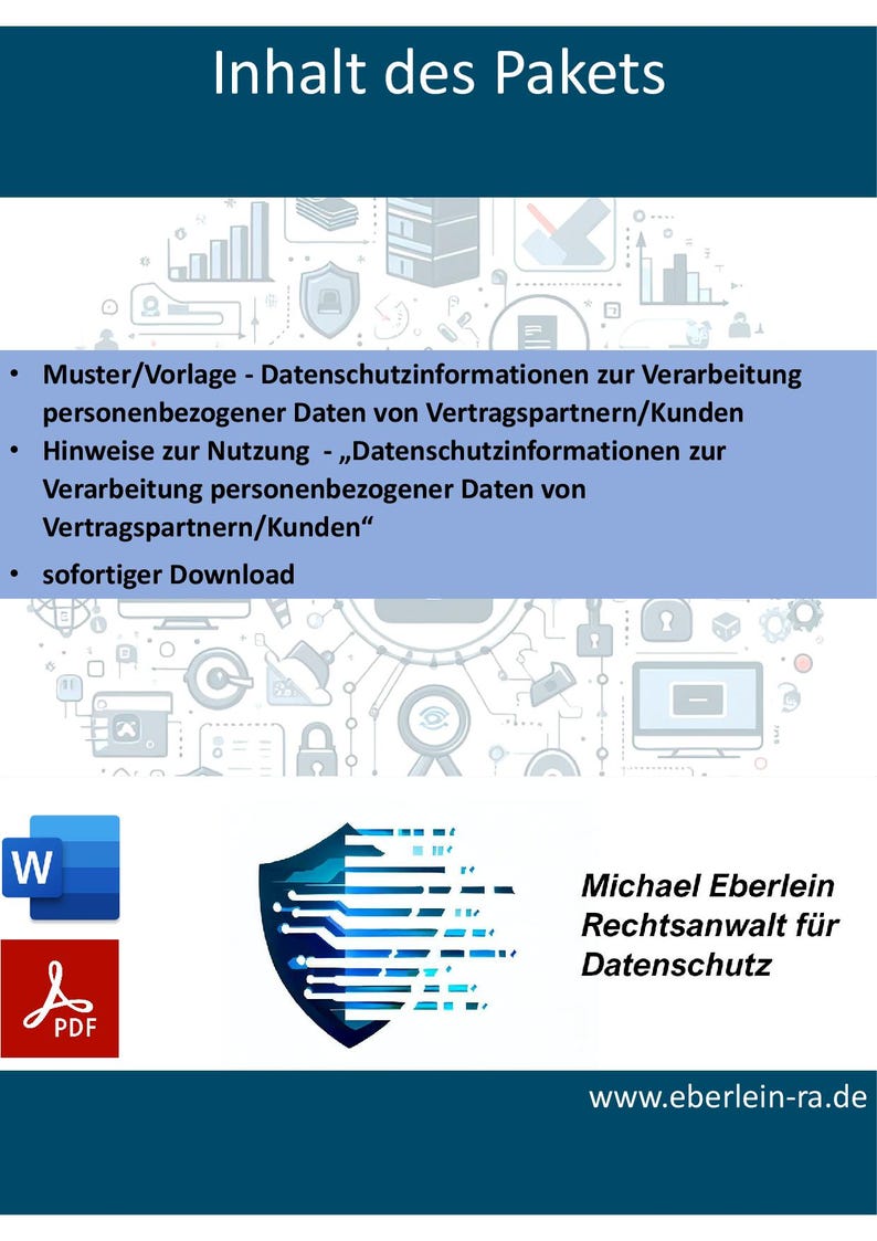 May include: A document titled "Inhalt des Pakets" with a blue and white design. The document includes a list of items, a shield graphic, and the text "Michael Eberlein Rechtsanwalt f&uuml;r Datenschutz".