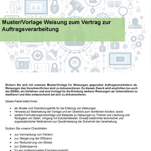 Könnte beinhalten: Ein grün-weißes Dokument mit dem Titel "Muster/Vorlage Weisung zum Vertrag zur Auftragsverarbeitung". Das Dokument enthält Informationen zum Datenschutz und rechtliche Anforderungen für die Datenverarbeitung.