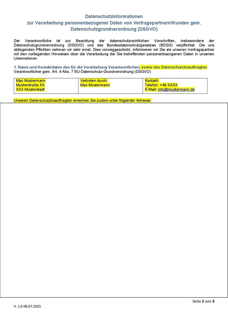 May include: A white document with black text detailing data protection information, including contact details for Max Mustermann and the email info@mustermann.de. The document is labeled "Seite 2 von 3".