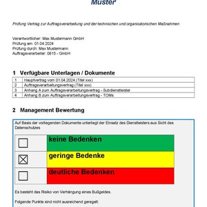 May include: A document titled "Auftragsverarbeitung Dokumentierte AVV- und TOM-Pr&uuml;fung nach BvD-Muster" with a checklist for evaluating the use of a service provider. The checklist includes three options: "keine Bedenken", "geringe Bedenke", and "deutliche Bedenken". The option "geringe Bedenke" is marked with a checkmark.