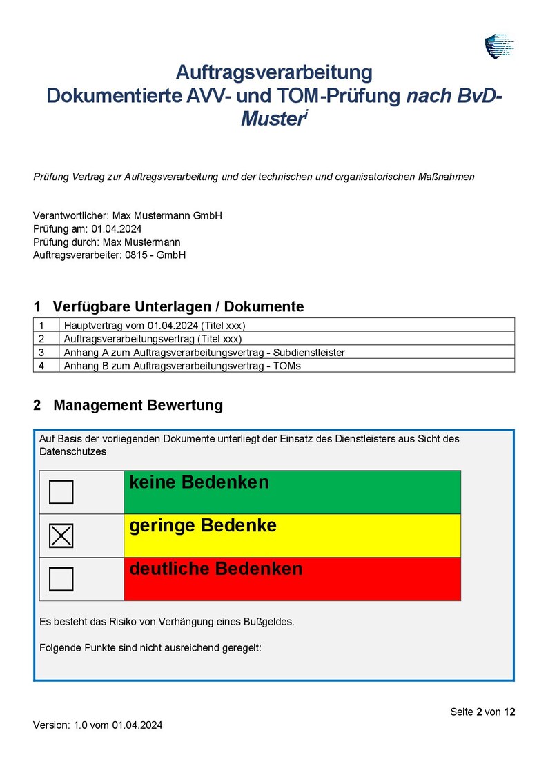 May include: A document titled "Auftragsverarbeitung Dokumentierte AVV- und TOM-Pr&uuml;fung nach BvD-Muster" with a checklist for evaluating the use of a service provider. The checklist includes three options: "keine Bedenken", "geringe Bedenke", and "deutliche Bedenken". The option "geringe Bedenke" is marked with a checkmark.