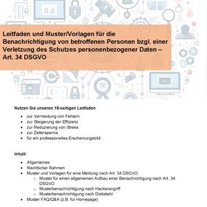 Peut inclure: Un document intitulé "Leitfaden und Muster/Vorlagen für die Benachrichtigung von betroffenen Personen bzgl. einer Verletzung des Schutzes personenbezogener Daten - Art. 34 DSGVO" avec une liste de points à puces décrivant le contenu du document.
