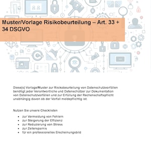 Peut inclure: Un document avec un design graphique bleu et blanc de diverses icônes liées à la confidentialité et à la sécurité des données. Le document est intitulé "Muster/Vorlage Risikobeurteilung - Art. 33 + 34 DSGVO". Le document comprend également une liste de listes de contrôle pour la confidentialité et la sécurité des données.