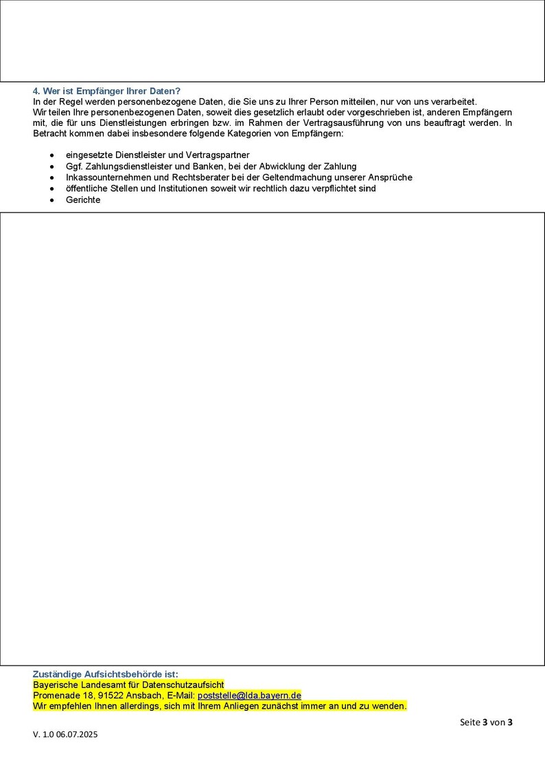 May include: A document page with German text, including a title "4. Wer ist Empf&auml;nger Ihrer Daten?" and bullet points. The document also includes contact information for the Bavarian State Office for Data Protection Supervision.