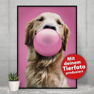 Gedrucktes personalisiertes Tierportrait BUBBLEGUM, Kaugummi, Leinwand, Poster, einzigartiges Unikat, Geschenk, Hund, Katze, süß, Haustier