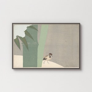 Groene Bamboe met Mus in Sneeuw | Kamisaka Sekka 1909 | Vintage afdrukbare muurkunst | Antieke Japanse kleurenhoutsnede