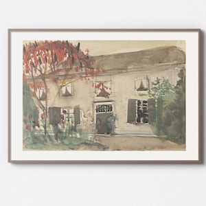 May include: A watercolor painting of a white house with a red roof and a brown door. The house has three windows on the front and a small tree in front of it. The painting is done in a realistic style and has a soft, muted color palette.
