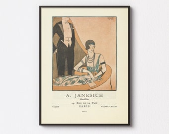 May include: A vintage advertisement for A. Janesich, a jeweller located at 19 Rue de la Paix in Paris, France. The ad features a black and white illustration of a woman in a green dress and a man in a tuxedo.