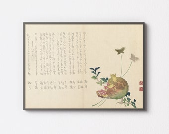 Pomegranate Butterfly Print | by Miyake Eisai, c. 1850-1860 | Japanese Shijô-Style Surimono | Vintage Printable Wall Art