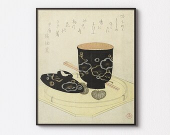 Black Lacquered Bowl by Kubota Shunman | 1815 -1820 | Antique Japanese Surimono Print | Vintage Printable Wall Art
