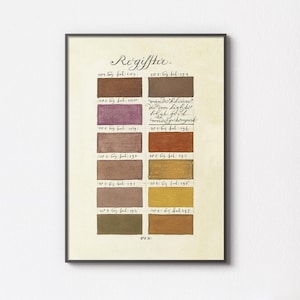 Puede incluir: Una carta de colores vintage con 10 filas de muestras de pintura. Cada fila tiene dos muestras, una etiquetada con un número y la palabra "Gay" seguida de la palabra "fol" y un número. La carta está titulada "Regiffter."