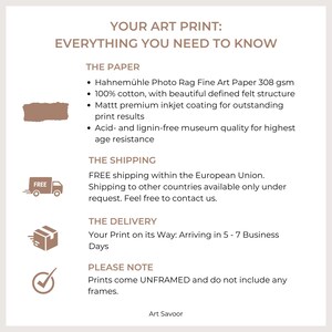 Pode incluir: Um gr&aacute;fico com informa&ccedil;&otilde;es sobre impress&otilde;es de arte. O texto diz "Sua impress&atilde;o de arte: Tudo o que voc&ecirc; precisa saber". O gr&aacute;fico inclui informa&ccedil;&otilde;es sobre o papel, o envio, a entrega e uma nota que indica que as impress&otilde;es v&ecirc;m sem moldura.